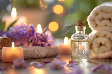 Poster - Lavender and herbs arranged on a wooden table with candles and essential oils, creating a tranquil atmosphere in a cozy space during sunset