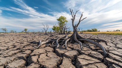 A dead forest on a cracked plain, representing the fragile balance that is breaking under prolonged drought conditions.