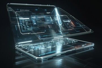 Aufkleber - A futuristic transparent laptop showcasing advanced technology with glowing interface elements on a wooden surface in a modern workspace setting