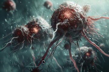 Poster - Close-up view of microscopic cells with long extensions interacting in a dark, fluid environment during a scientific exploration of cellular behavior