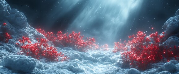 Wall Mural - A serene underwater scene featuring glowing red coral-like structures.