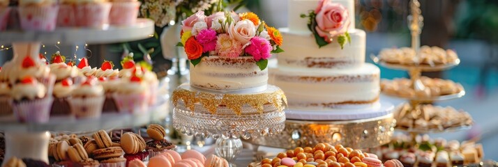 Wall Mural - Vibrant candy display featuring an assortment of sweets and desserts on a table, including a cake decorated with flowers, cheesecake, and macarons, enhanced by elegant golden sparkles and nuts.