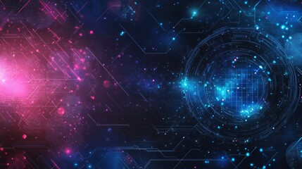 Poster - This stunning digital artwork showcases vibrant fractal clouds, intricate cyber networks, and mesmerizing microchip elements in captivating shades of blue and pink, creating a striking visual effect