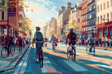 Bikers navigate a vibrant city street lined with autumn trees during rush hour in a bustling metropolis