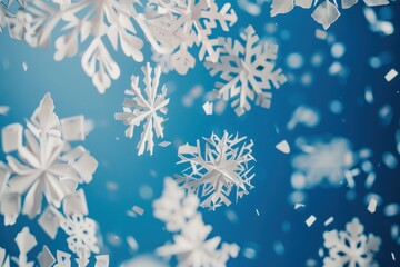 Poster - White paper snowflakes float above a blue background creating a wintry atmosphere perfect for seasonal celebrations or holiday crafts