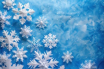 Poster - White paper snowflakes float above a blue background creating a wintry atmosphere perfect for seasonal celebrations or holiday crafts