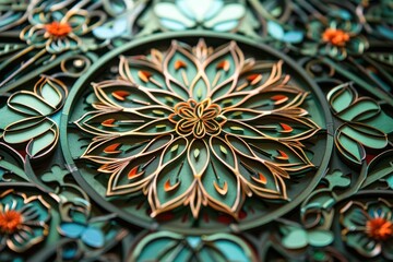 Poster - Intricate paper cut art featuring vibrant floral patterns in shades of orange, blue, and green, showcasing craftsmanship and creativity