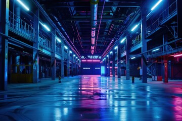 Aufkleber - Workers engaged in various tasks inside a bustling factory in the evening, showcasing machinery and workstations in a well-lit industrial setting
