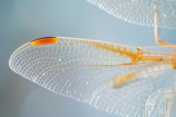 Aufkleber - Close-up of a delicate dragonfly wing showcasing intricate patterns and textures against a soft blue background
