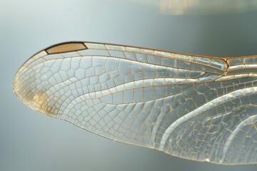Aufkleber - Close-up of a delicate dragonfly wing showcasing intricate patterns and textures against a soft blue background
