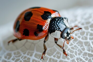 Poster - A close-up of a colorful ladybug resting on a green leaf surrounded by soft foliage in a serene garden during daylight hours