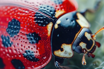 Poster - A close-up of a colorful ladybug resting on a green leaf surrounded by soft foliage in a serene garden during daylight hours