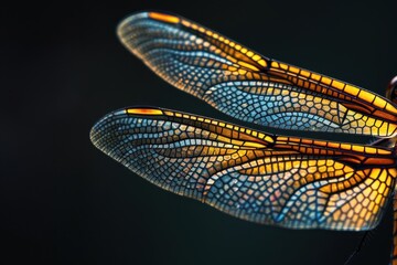 Poster - A close-up view of a dragonfly showcasing intricate patterns and vibrant colors against a dark background, capturing nature's details