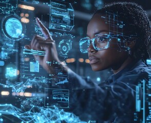 Black female IT expert in AR environment analyzes digital threats.