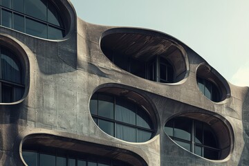 Fototapete - Unique architectural design featuring circular windows on a concrete facade in an urban setting during a cloudy day