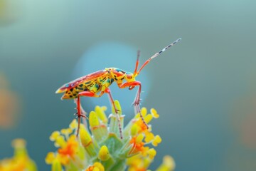 Poster - Colorful beetle perched on vibrant yellow flowers in a lush garden during a sunny day
