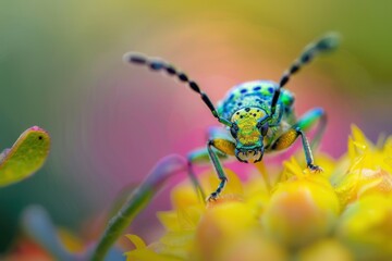 Poster - Colorful beetle perched on vibrant yellow flowers in a lush garden during a sunny day