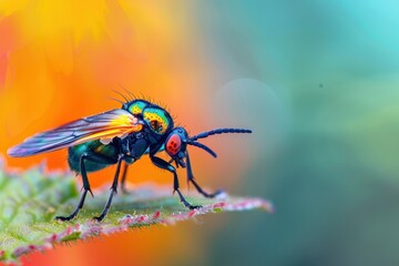 Poster - Colorful beetle perched on vibrant yellow flowers in a lush garden during a sunny day