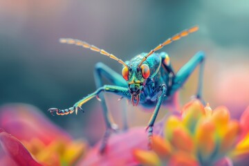 Poster - Colorful beetle perched on vibrant yellow flowers in a lush garden during a sunny day