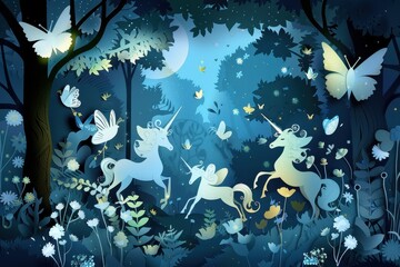 Aufkleber - A unicorn wanders through a vibrant enchanted forest, illuminated by soft light during twilight, surrounded by enchanting foliage and gentle creatures