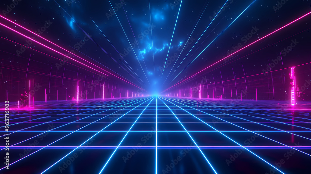 3d retro neon blue abstract background with laser lines. synthwave grid ...