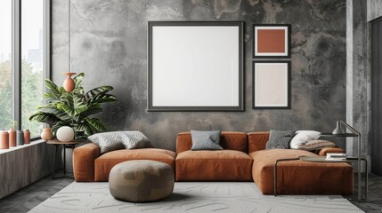 Poster - Stylish living room interior with mock up poster frame, brown sofa, patterned pillow, modern pouf, personal accessories, and gray concrete wall.