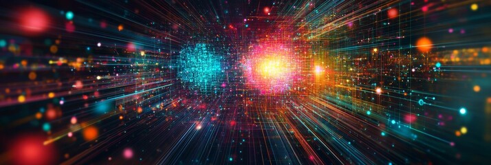 Poster - This mesmerizing abstract digital background showcases futuristic innovation with bright neon colors, symbolizing the intricate data connections and vast cyberspace we navigate daily
