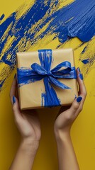 The hands of a woman hold a painted gift box with blue paint on a yellow background. It is a DIY art project, bright and colorful, reimagining gift wrapping, artistic and vibrant.