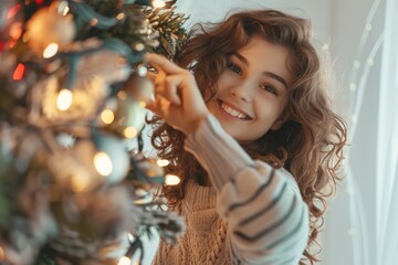 A woman decorates a Christmas tree with ornaments and lights