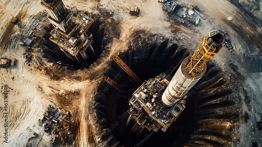 Oil Rig Earth Aerial perspective of massive oil rigs drilling into the earth ...
