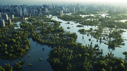 Birda??s-eye view of urban expansion replacing forests and wetlands, reflecting the environmental cost of unchecked development.