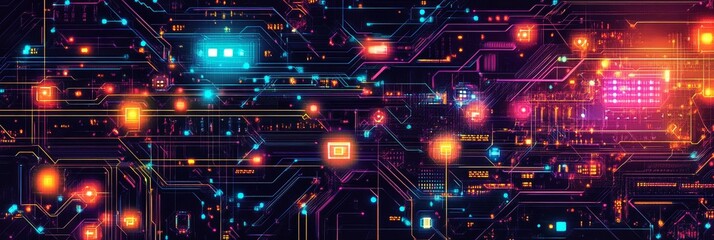 Poster - A vibrant and abstract digital background featuring glowing and illuminated circuits intertwined with dynamic neon colors, making it an ideal choice for modern technology themes that engage viewers