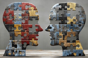 Poster - Neural resilience Encephalon Conceptual artwork of two people facing each other with puzzle pieces in their heads symbolizing intellectual and emotional connection