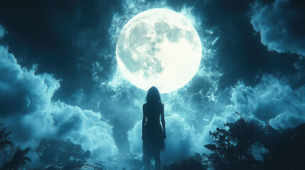 Wall Mural - A woman stands in front of a large, glowing moon