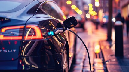 Electric Vehicle Charging at Twilight in a Vibrant City Street