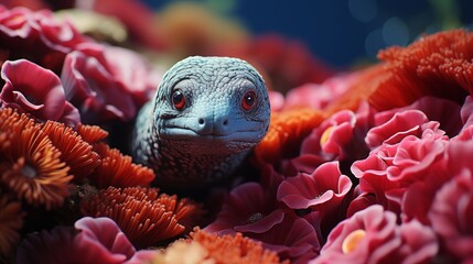 Moray eel hiding amidst vibrant coral reefs.