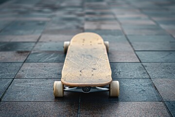 Wall Mural - A skateboard sitting on a tiled floor, suitable for use in still life or action shots