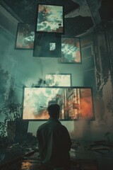 Poster - a person working or gaming at home with multiple computer screens