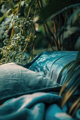 Poster - A close-up view of a blue pillow resting on a bed, suitable for interior design and bedroom-themed projects