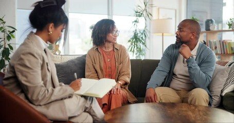 Poster - Marriage counseling, therapist and couple talking on sofa for divorce guidance, healing and advice for relationship. Psychology, support and people with counselor for discussion, consultation or tips