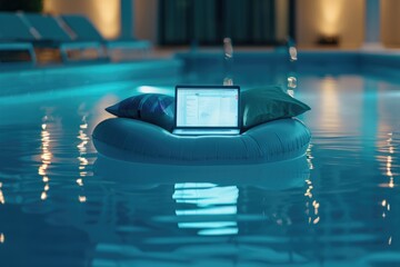 Poster - A laptop computer sitting on top of an inflatable raft, great for illustrations and designs related to technology, innovation, and adventure