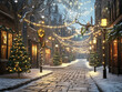 © Alexandra Adele - Charming winter street adorned with twinkling lights and festive decorations during a peaceful snowy evening in a quaint neighborhood