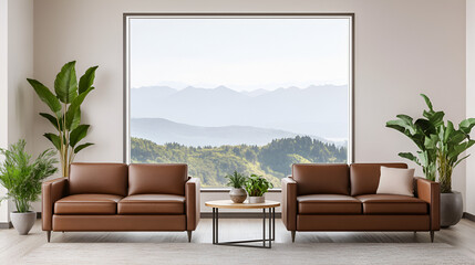 Wall Mural - Modern Living Room with Mountain View, Brown Leather Couches, and Plants for Interior Design Inspiration