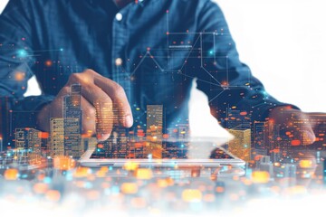 Poster - a person using a tablet computer in front of a city skyline, possibly for work or research