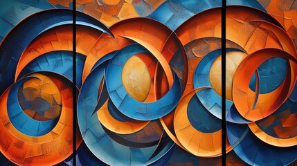 Wall Mural - Three abstract art pieces featuring orange and blue concentric circles