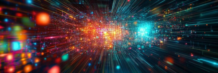 Poster - Immerse yourself in a vibrant and captivating digital landscape that is filled with luminous particles and flowing lines, symbolizing the vast expanse of cyberspace and intricate data connections