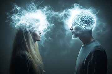 Canvas Print - Neuronal stamina Intellect Futuristic photo of two individuals facing each other with glowing brains symbolizing a cerebral connection and mind communication