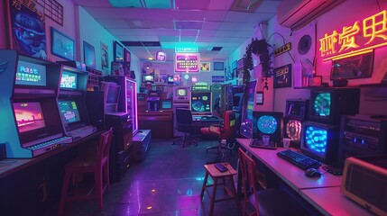 Wall Mural - Internet cafe with a pleasant atmosphere and neon colors with a purple touch and well decorated space