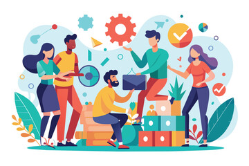 Poster - Diverse team of young professionals working together on a project. Illustration of collaboration, teamwork, innovation, and startup culture.