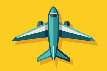Poster - Flat design illustration of a blue airplane flying against a yellow background.